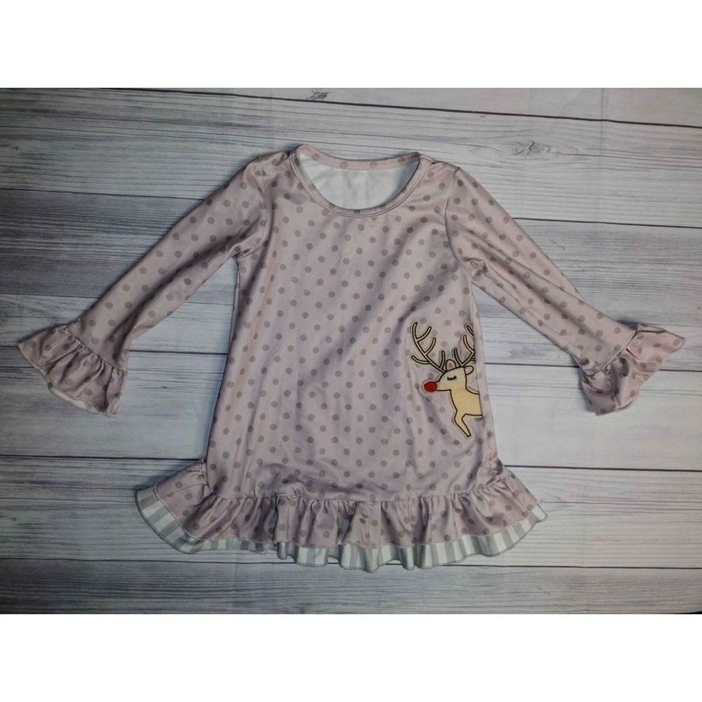 Kids Christmas Reindeer Polka‎ Dot Ruffle Nightgown Sleep Shirt 2T